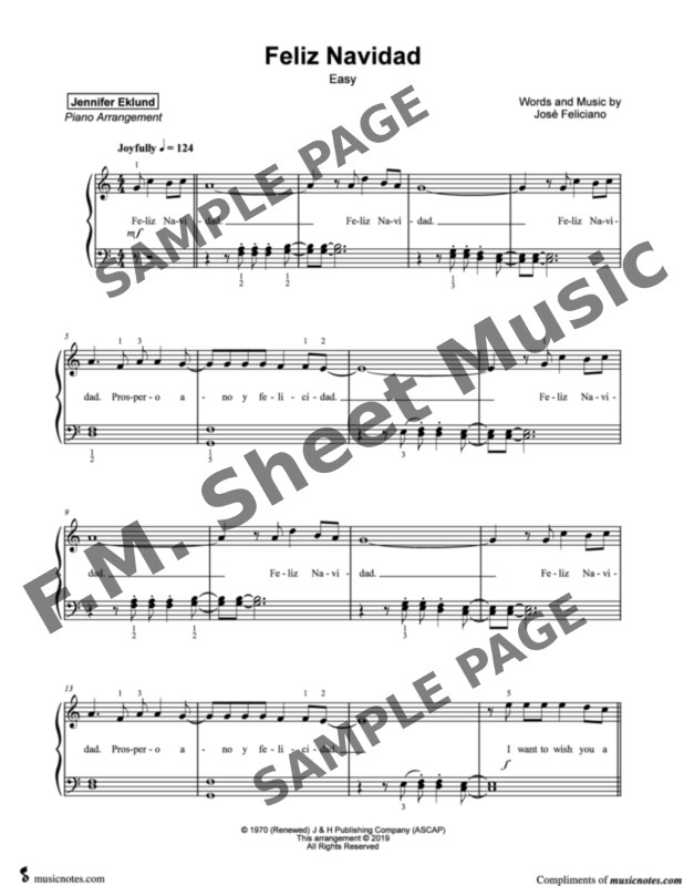 Feliz Navidad (Easy Piano) By Jose Feliciano F.M. Sheet Music Pop